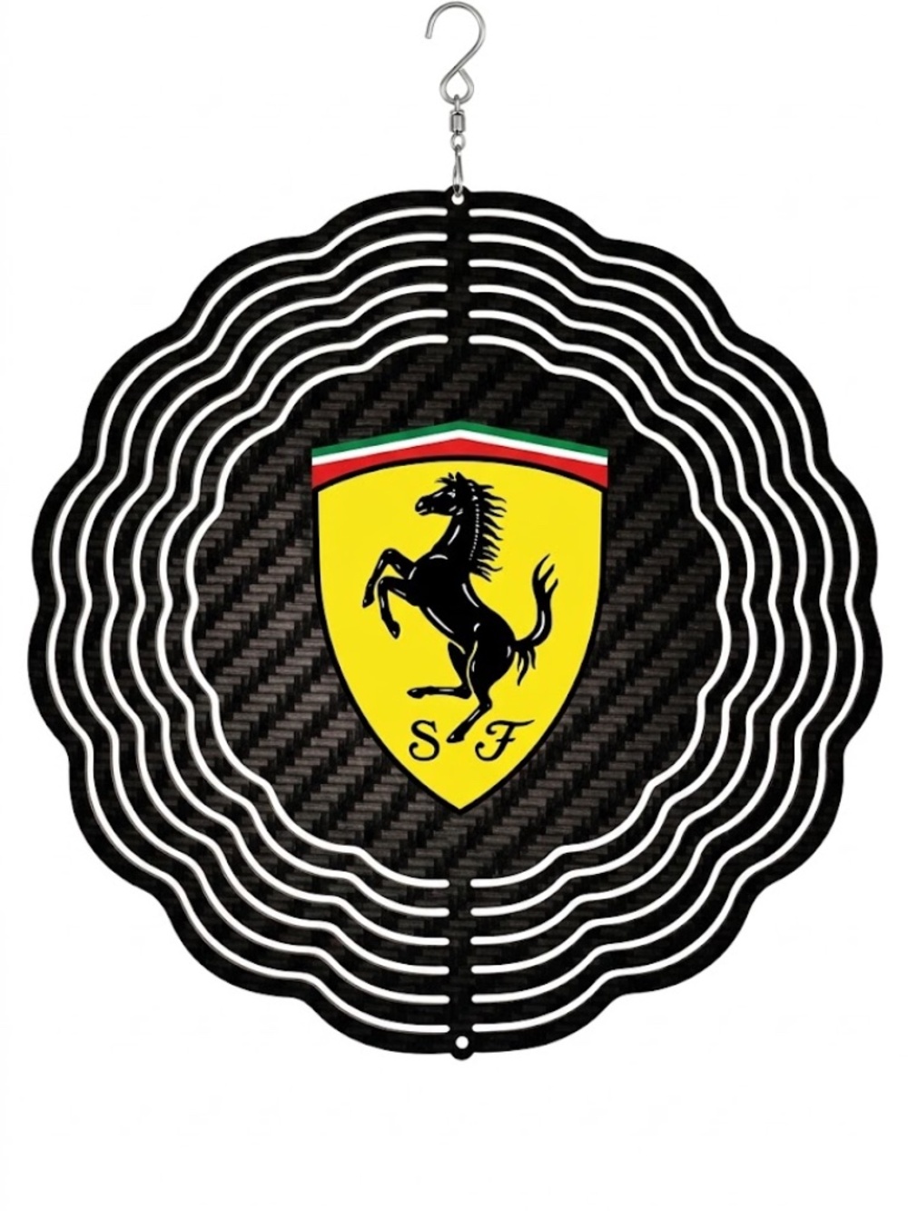 10" Ferrari Shield Kinetic Wind Spinner - Black Carbon Metal Hanging Yard Decor